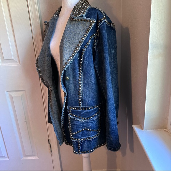 ADORE Western Denim Studded Jean Jacket Blazer, Military style, Large - Picture 4 of 13